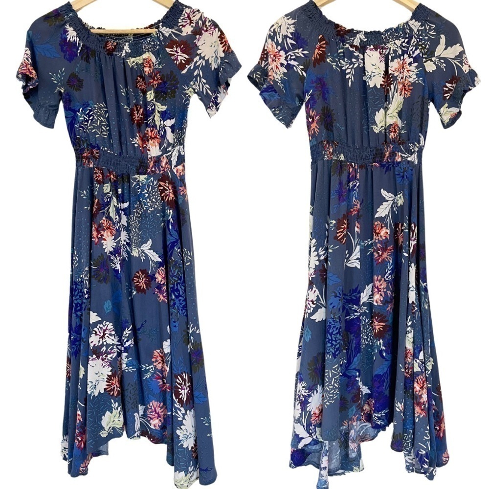 Bohemian Blue Floral Off the Shoulder Sundress Assymetrical Hem Flowy Size L